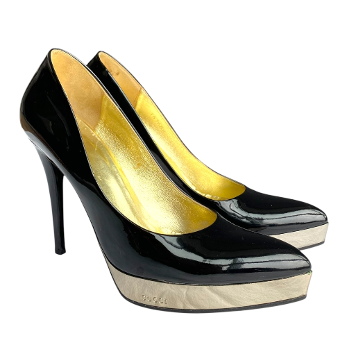 GUCCI Black Patent Leather Mirror Platform Pointed Toe Pumps, Size 36.5 C