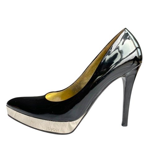 GUCCI Black Patent Leather Mirror Platform Pointed Toe Pumps, Size 36.5 C