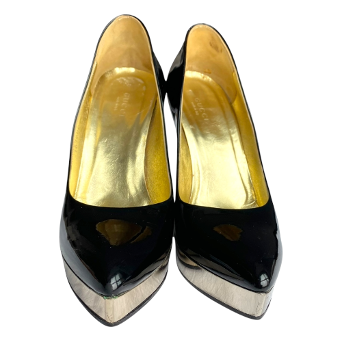 GUCCI Black Patent Leather Mirror Platform Pointed Toe Pumps, Size 36.5 C