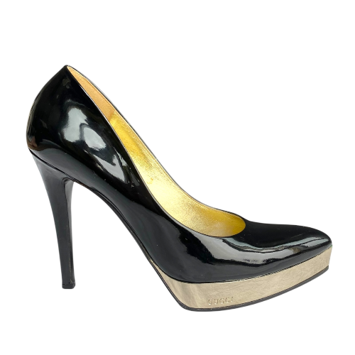 GUCCI Black Patent Leather Mirror Platform Pointed Toe Pumps, Size 36.5 C