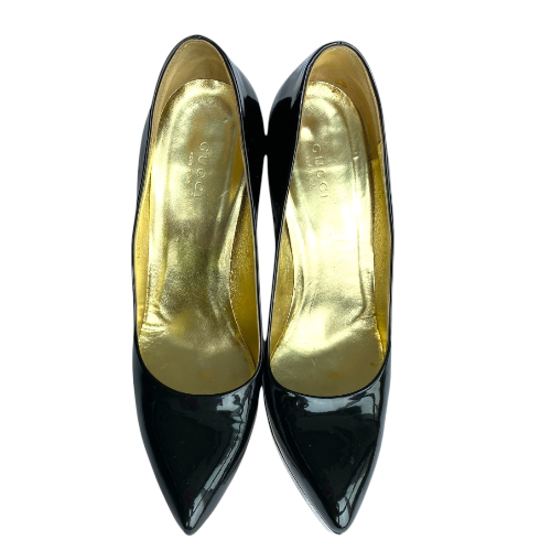 GUCCI Black Patent Leather Mirror Platform Pointed Toe Pumps, Size 36.5 C