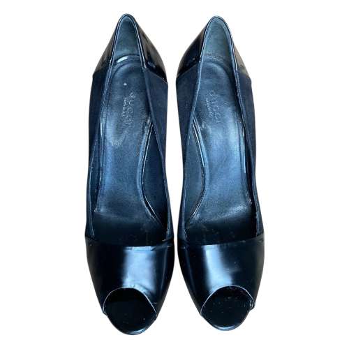 GUCCI Black Suede & Patent Leather GG Logo Detail Peep Toe Pumps, Size 38.5 C