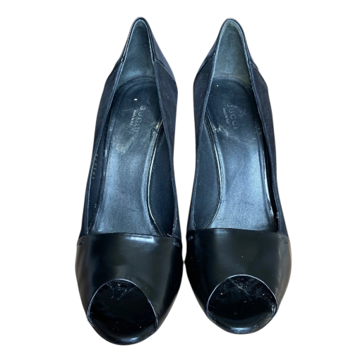 GUCCI Black Suede & Patent Leather GG Logo Detail Peep Toe Pumps, Size 38.5 C