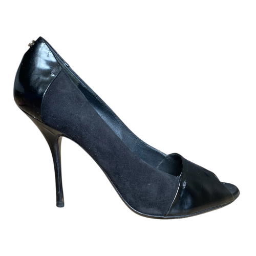 GUCCI Black Suede & Patent Leather GG Logo Detail Peep Toe Pumps, Size 38.5 C