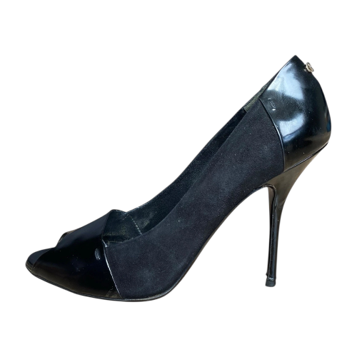 GUCCI Black Suede & Patent Leather GG Logo Detail Peep Toe Pumps, Size 38.5 C