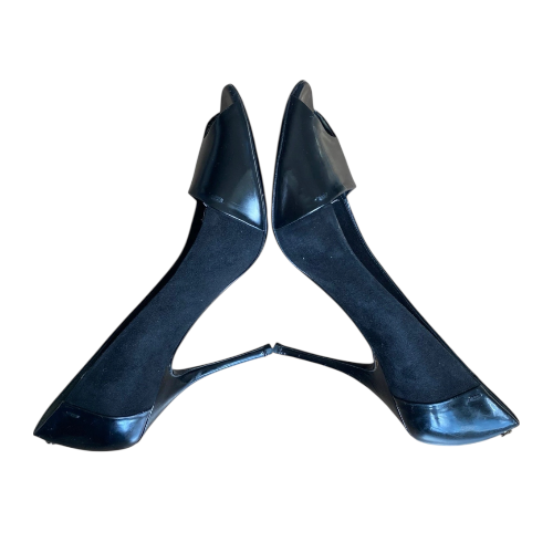 GUCCI Black Suede & Patent Leather GG Logo Detail Peep Toe Pumps, Size 38.5 C