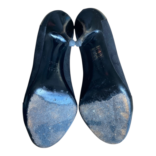 GUCCI Black Suede & Patent Leather GG Logo Detail Peep Toe Pumps, Size 38.5 C