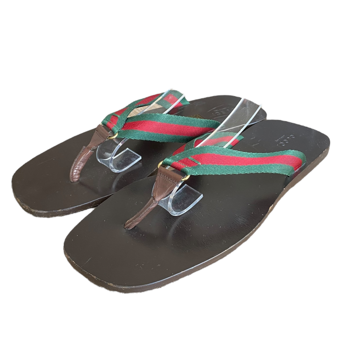 GUCCI Brown Leather Green & Red Web Flat Thong Sandals, Size 41