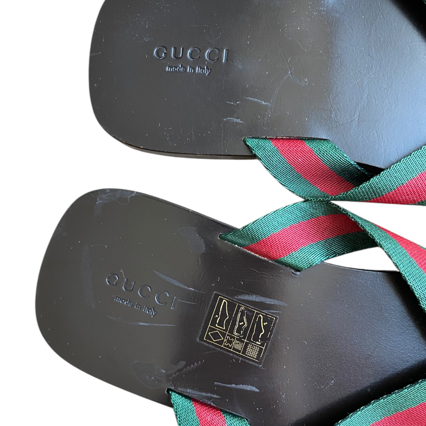 GUCCI Brown Leather Green & Red Web Flat Thong Sandals, Size 41