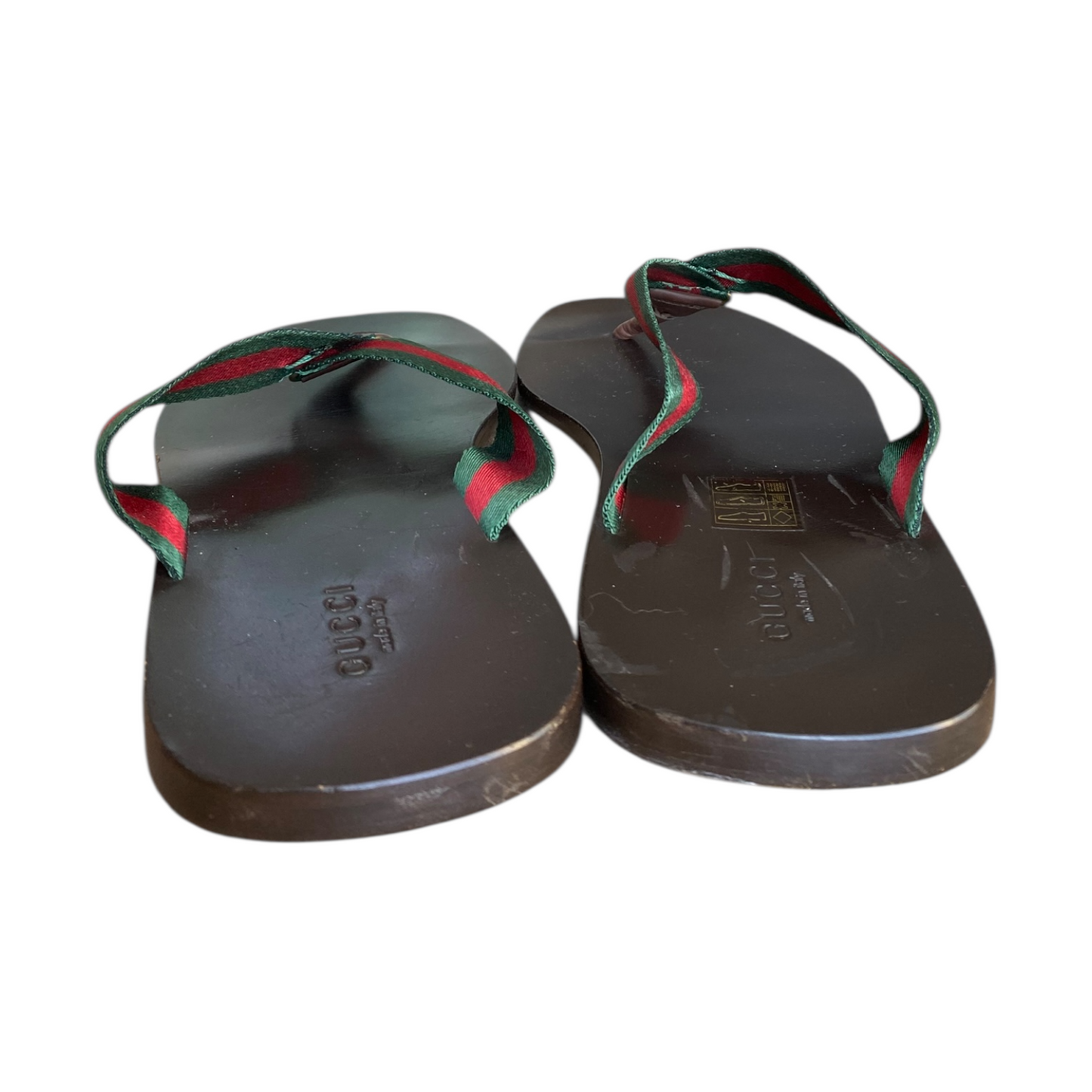 GUCCI Brown Leather Green & Red Web Flat Thong Sandals, Size 41