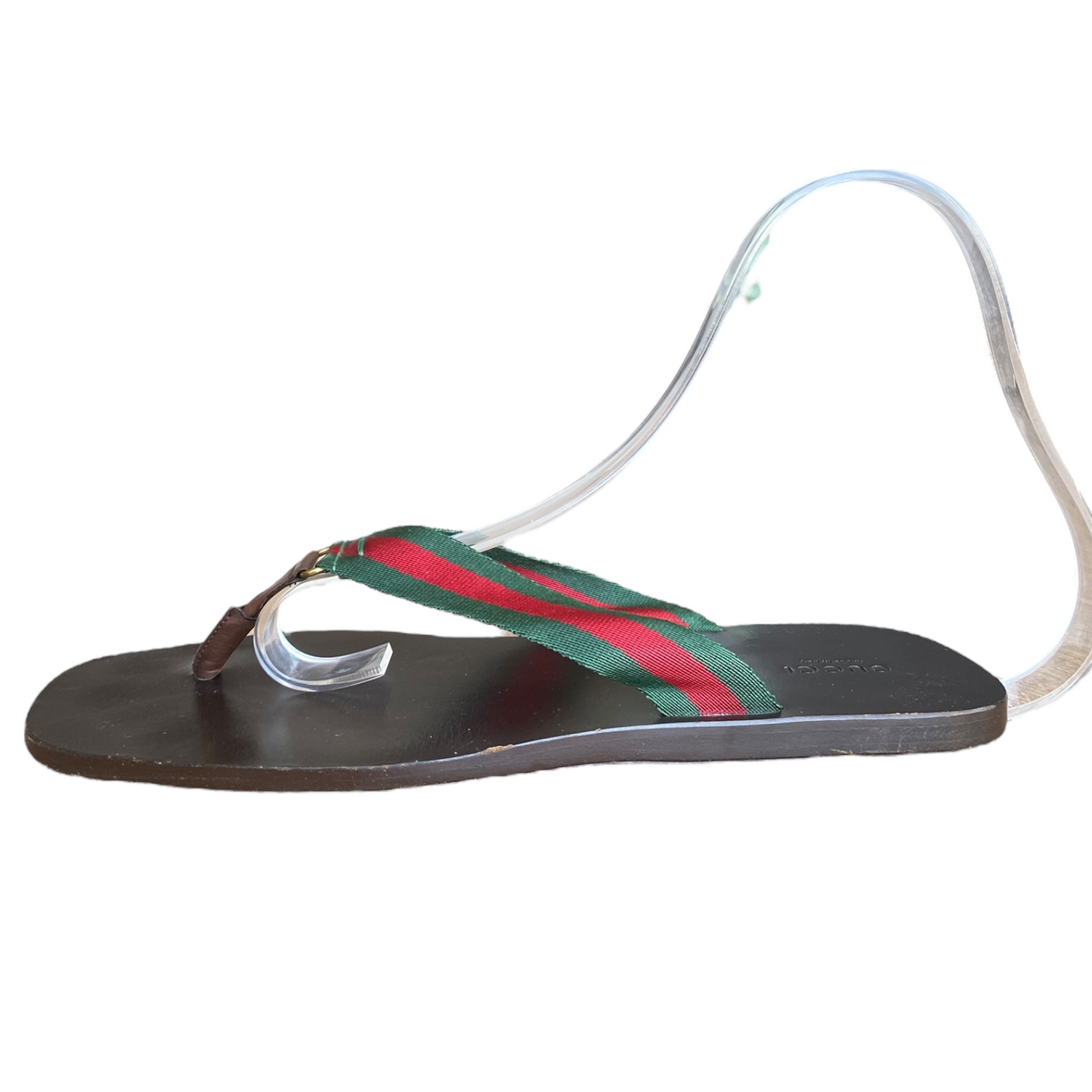 GUCCI Brown Leather Green & Red Web Flat Thong Sandals, Size 41