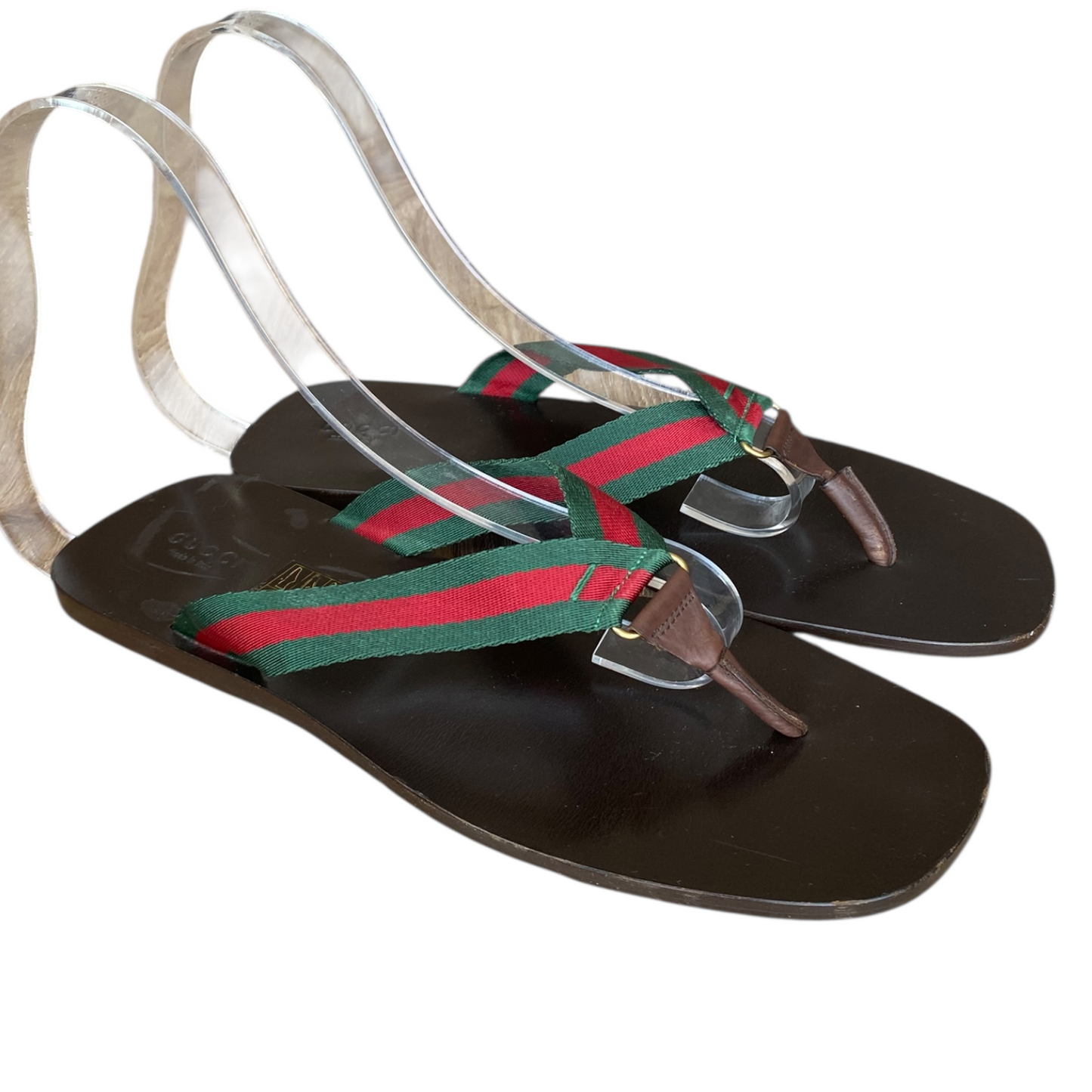 GUCCI Brown Leather Green & Red Web Flat Thong Sandals, Size 41