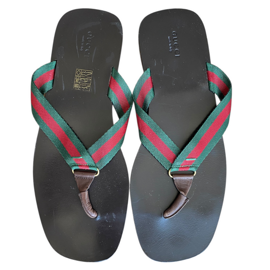 GUCCI Brown Leather Green & Red Web Flat Thong Sandals, Size 41
