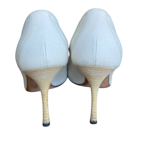 GUCCI Cellarius White Leather Silver Horsebit Buckle Peep Toe Pumps, Size 39