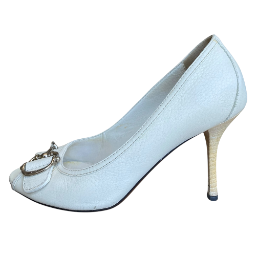 GUCCI Cellarius White Leather Silver Horsebit Buckle Peep Toe Pumps, Size 39