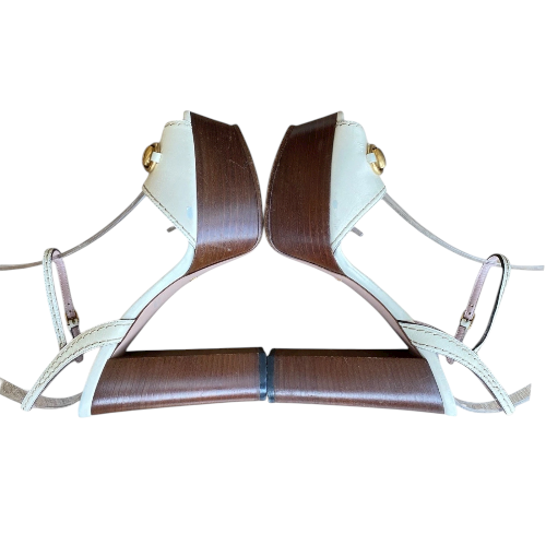 GUCCI White Leather Lifford Horsebit Ankle Strap Block Heel Sandals, Size 36