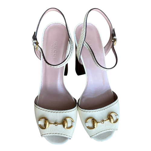 GUCCI White Leather Lifford Horsebit Ankle Strap Block Heel Sandals, Size 36
