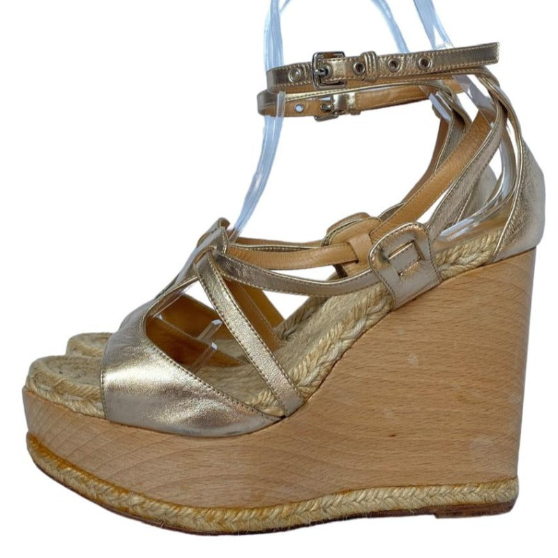 Boutique LOUIS VUITTOn Brown leather and beige espadrilles wedge sandals  Size 40