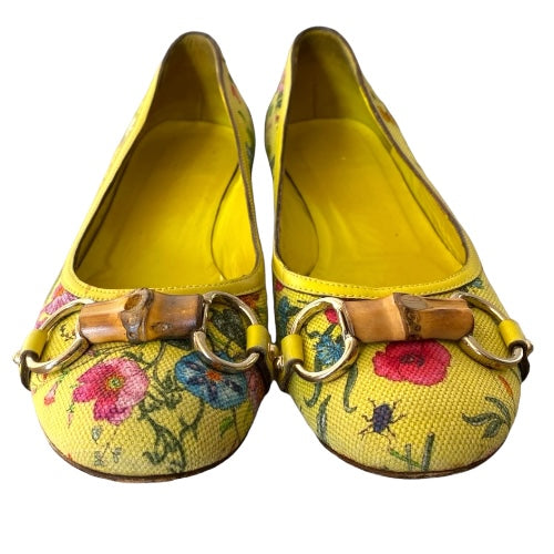 GUCCI Yellow Flora Canvas, Leather Trim, Bamboo Buckle Ballet Flats, Size 38