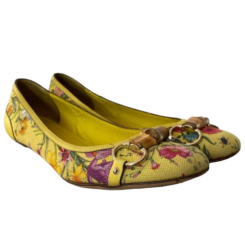 GUCCI Yellow Flora Canvas, Leather Trim, Bamboo Buckle Ballet Flats, Size 38