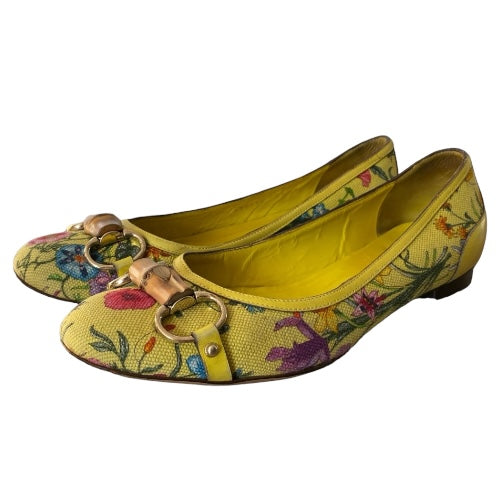 GUCCI Yellow Flora Canvas, Leather Trim, Bamboo Buckle Ballet Flats, Size 38