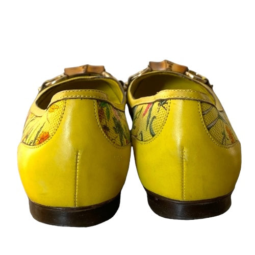 GUCCI Yellow Flora Canvas, Leather Trim, Bamboo Buckle Ballet Flats, Size 38