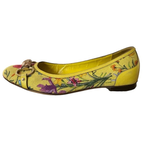 GUCCI Yellow Flora Canvas, Leather Trim, Bamboo Buckle Ballet Flats, Size 38