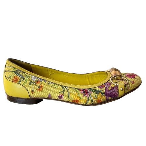 GUCCI Yellow Flora Canvas, Leather Trim, Bamboo Buckle Ballet Flats, Size 38