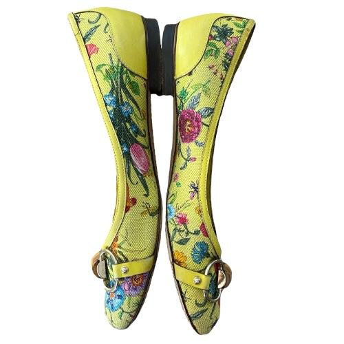 GUCCI Yellow Flora Canvas, Leather Trim, Bamboo Buckle Ballet Flats, Size 38