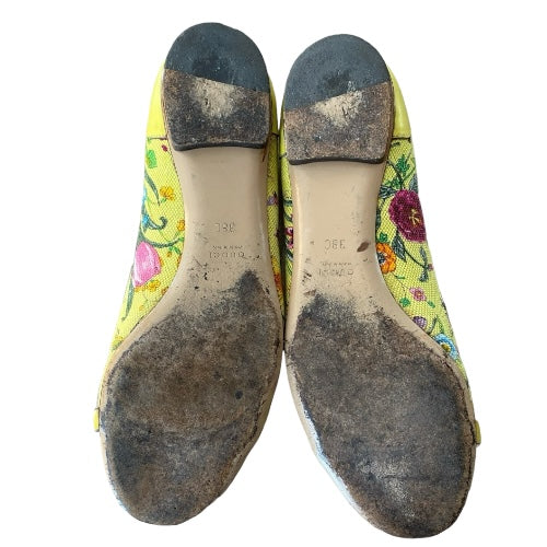 GUCCI Yellow Flora Canvas, Leather Trim, Bamboo Buckle Ballet Flats, Size 38