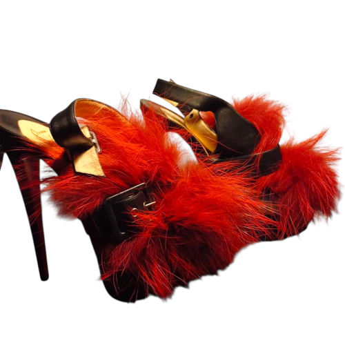 CHRISTIAN LOUBOUTIN Black Leather & Splash Fur Peep Toe Platform Pumps, Size 41