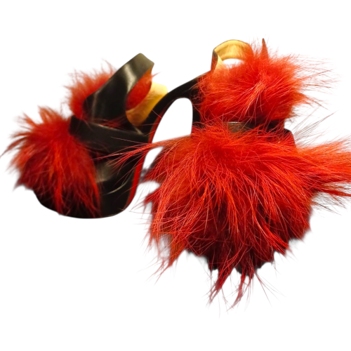 CHRISTIAN LOUBOUTIN Black Leather & Splash Fur Peep Toe Platform Pumps, Size 41