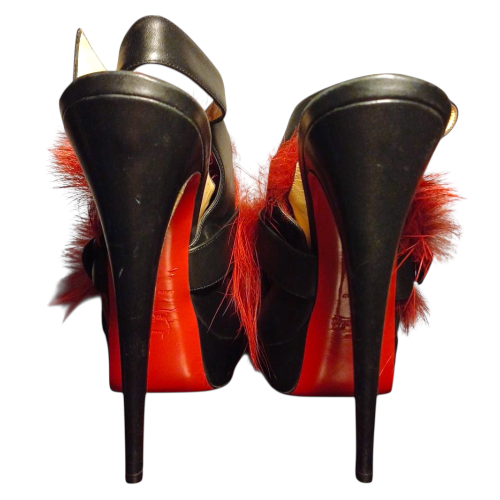 CHRISTIAN LOUBOUTIN Black Leather & Splash Fur Peep Toe Platform Pumps, Size 41