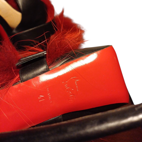CHRISTIAN LOUBOUTIN Black Leather & Splash Fur Peep Toe Platform Pumps, Size 41