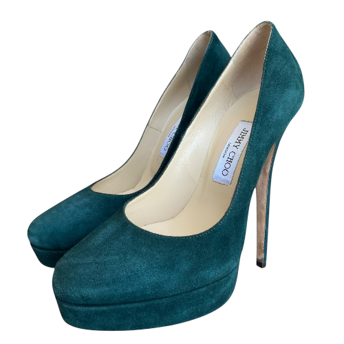 JIMMY CHOO Dark Green Suede Platform Pumps, Size 39
