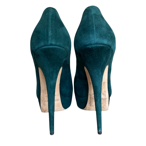 JIMMY CHOO Dark Green Suede Platform Pumps, Size 39