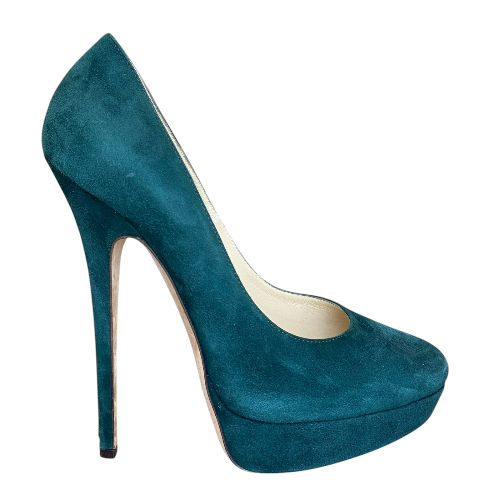 JIMMY CHOO Dark Green Suede Platform Pumps, Size 39