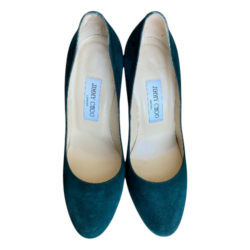 JIMMY CHOO Dark Green Suede Platform Pumps, Size 39
