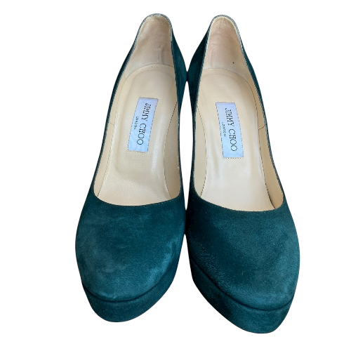 JIMMY CHOO Dark Green Suede Platform Pumps, Size 39