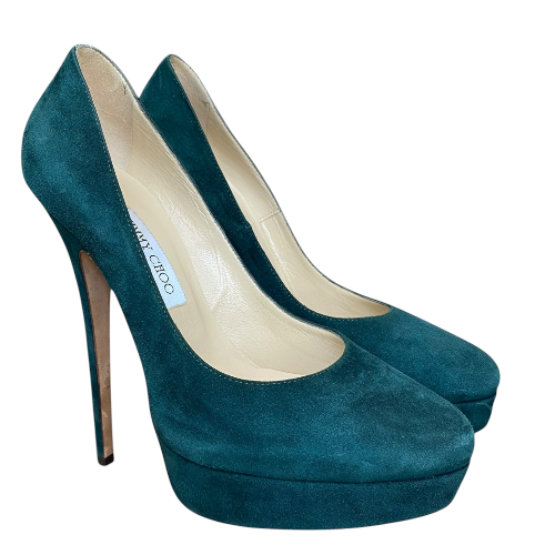 JIMMY CHOO Dark Green Suede Platform Pumps, Size 39