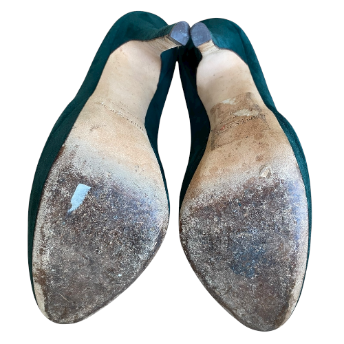 JIMMY CHOO Dark Green Suede Platform Pumps, Size 39