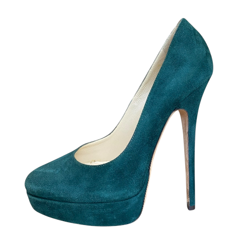 JIMMY CHOO Dark Green Suede Platform Pumps, Size 39