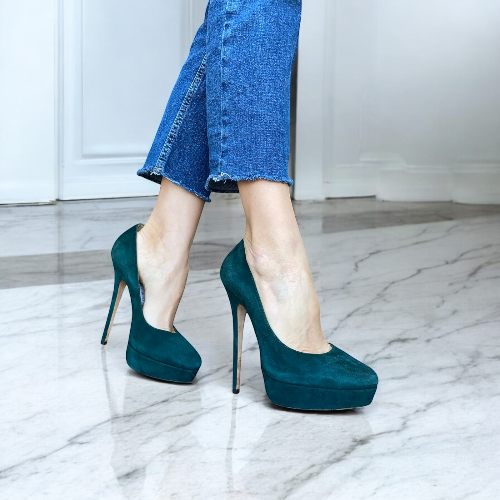 JIMMY CHOO Dark Green Suede Platform Pumps, Size 39