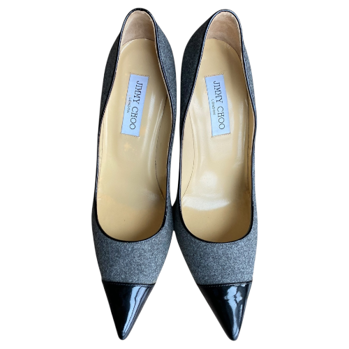 JIMMY CHOO Grey/Black Wool and Patent Leather Pumps, Size 40.5