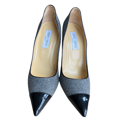 JIMMY CHOO Grey/Black Wool and Patent Leather Pumps, Size 40.5