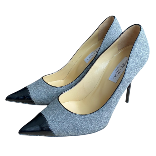 JIMMY CHOO Grey/Black Wool and Patent Leather Pumps, Size 40.5