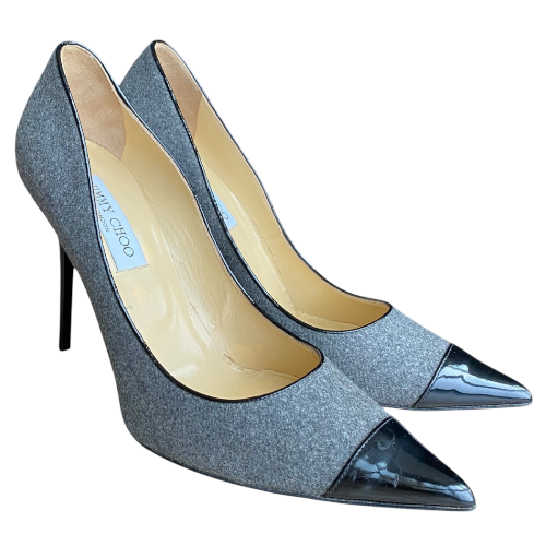 JIMMY CHOO Grey/Black Wool and Patent Leather Pumps, Size 40.5