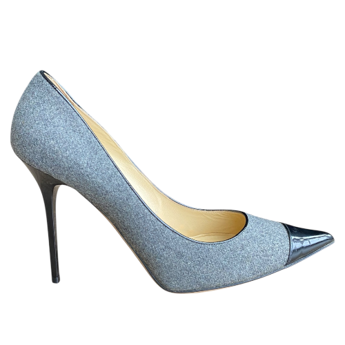 JIMMY CHOO Grey/Black Wool and Patent Leather Pumps, Size 40.5