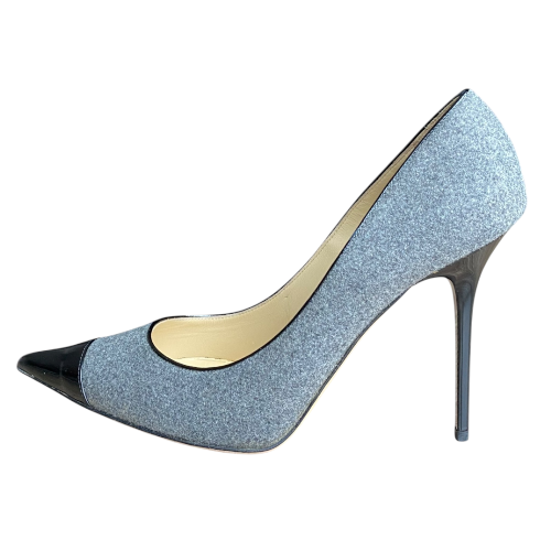 JIMMY CHOO Grey/Black Wool and Patent Leather Pumps, Size 40.5