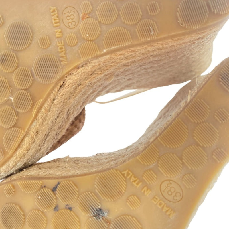JIMMY CHOO Phoenix Brown Embossed Straw Espadrille Ankle Strap Wedges, Size 38.5